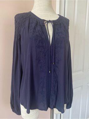 ASTR The Label Designer Navy Indigo Deep Blue Long Sleeve Embroidered Shirt